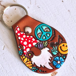 Gnome Keychain - Hand Tooled Leather Key Fob - Toadstool Hippie Garden Gnome - Peace Mushroom
