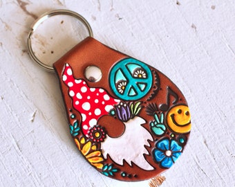 Gnome Keychain - Hand Tooled Leather Key Fob - Toadstool Hippie Garden Gnome - Peace Mushroom