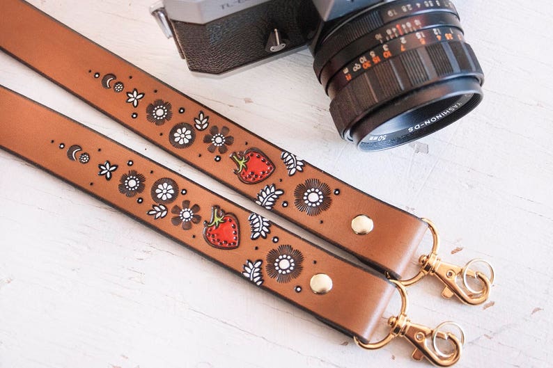 Custom Leather Camera Strap: Strawberries and Wildflowers, Personalized ...