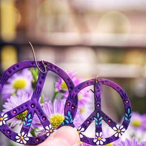 Purple Peace Sign Leather Earrings Hippie Daisy Flower Power Tooled leather by Mesa Dreams image 3