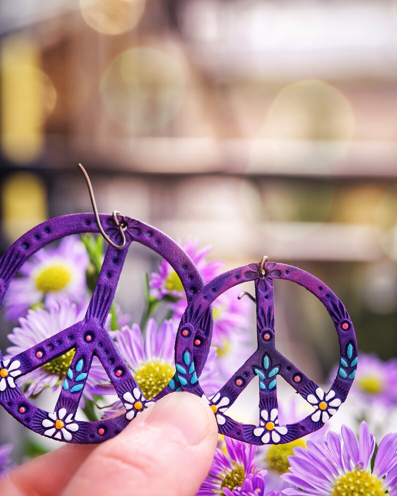 Purple Peace Sign Leather Earrings Hippie Daisy Flower Power Tooled leather by Mesa Dreams image 3