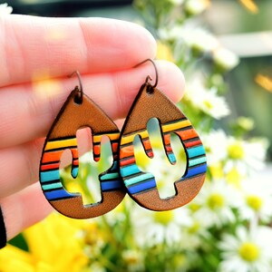 Sunset Serape Cactus Leather Earrings - Petite Striped Sagauro  - made to order by Mesa Dreams