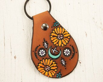 Custom initial leather key ring - hand painted Sunflowers, Daisies, Paisley and Crescent Moon - Your Choice of Initial and hardware