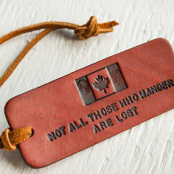 Canadian Flag Leather Luggage Tag: Tolkien Quote, Travel Keychain