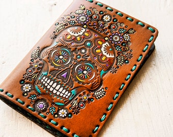 Leather Passport Cover - Sugar Skull Floral Design - Day of the Dead - Mexicali Calaveras - Día de Muertos - Flower Garden - Custom Gift