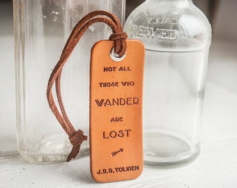 Not All Those Who Wander are Lost - J.R.R. Tolkien quote - Leather luggage Tag- MODERN SHAPE Stamped Leather Luggage Tag