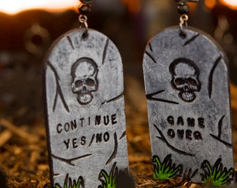 Halloween Tombstone Leather Earrings - Dark Humor Funny Gravestone