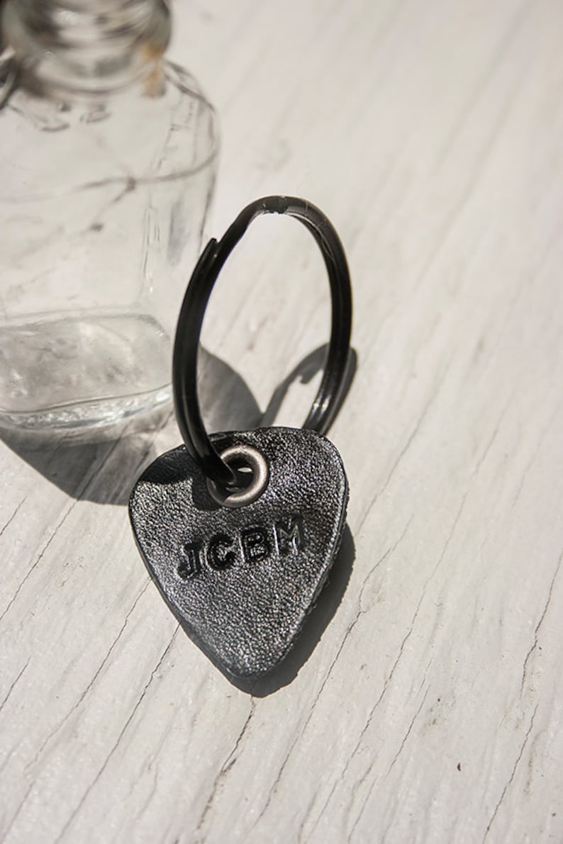 Leather Guitar Pick keychain Personalize with up to 4 characters key ring, luggage tag hand cut perfect for Dad image 2