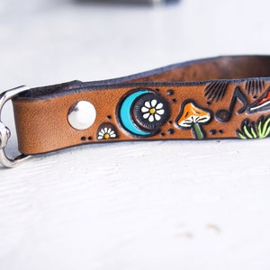 Leather Key Ring Mushrooms, Owls, Daisies and Moons Turquoise Crescent Daisy Celestial Custom Personalized Fingerloop fob Keychain image 3