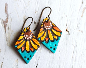 Mini Sunflower Leather Earrings: Turquoise Diamond Petite Earrings
