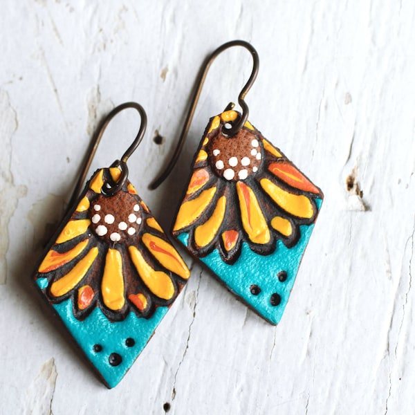 Mini Sunflower Diamond Leather Earrings - Turquoise Petite and easy to wear - made to order by Mesa Dreams