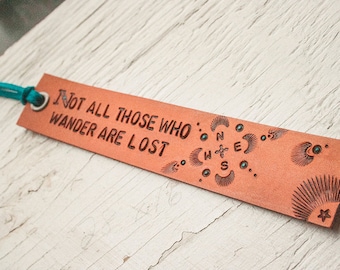 Leather bookmark -Not all those who wander are lost - J.R.R. Tolkien - Compass Rose - hand tooled leather - Made to Order