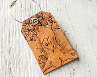 Carved Initial Tree Luggage Tag - Leather Bag Tag - Valentines Gift - Anniversary Present - Lovers