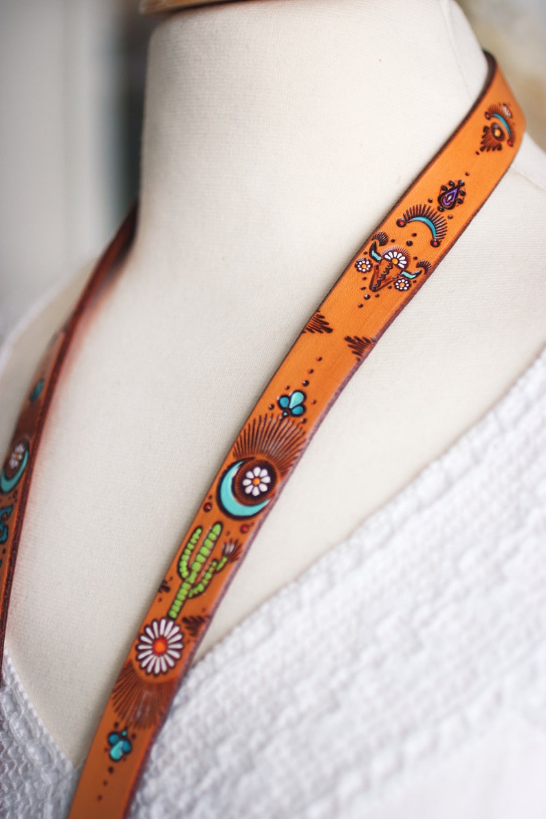 Custom Leather Lanyard Moon, Sunflowers, Cactus, Daisies Personalized Badge holder keychain Mesa Dreams Leather Keychain Key Strap image 3