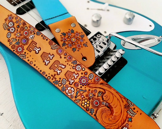Custom Leather Guitar Strap - Wildflowers and Feathers - Acoustic or Electric - Feminine Personalized Design - Hand Tooled and Painted