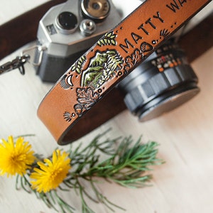 Leather Camera Strap Woodland Theme Personalized Hand painted Made to Order by Mesa Dreams Mountains, pine trees, hiking, acorns image 1