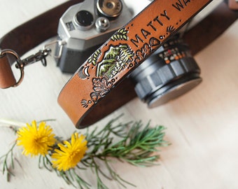 Leather Camera Strap - Woodland Theme - Personalized - Hand painted - Made to Order by Mesa Dreams - Mountains, pine trees, hiking, acorns