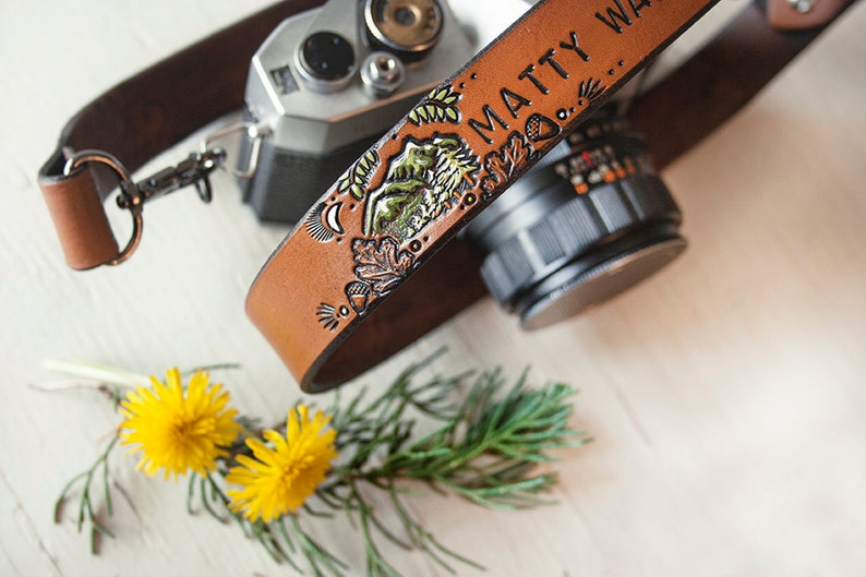 Leather Camera Strap Woodland Theme Personalized Hand painted Made to Order by Mesa Dreams Mountains, pine trees, hiking, acorns image 1