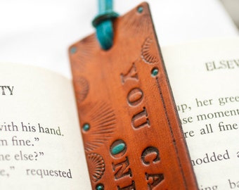 Leather bookmark - You Can Eat an Elephant One Bite at a Time - Mossi African Proverb - stamped, tooled, stained with turquoise