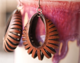 Basket Leather Earrings - Vintage Style Bohemian jewelry - lightweight and 3D Ear Sculptures