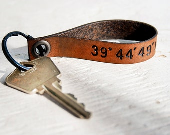 Latitude and Longitude Leather keychain - GPS coordinates - Loop Leather Keychain - Custom and Personalized - Made in America