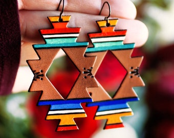 Serape Stripe Leather Earrings - Mexicali Sarape Striped Blanket - Handpainted Tooled Leather by Mesa Dreams - Made to Order