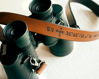 RUSH - Binoculars Strap - Custom Leather GPS Latitude and Longitude Coordinates, Compass Rose, Initials - Father's Day Camera Strap