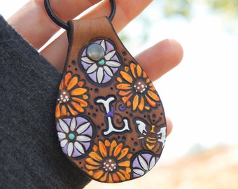 Custom initial leather key ring - Sundaisy - hand painted and hand stamped Sunflowers and Daisies - Your Choice of Initial and hardware