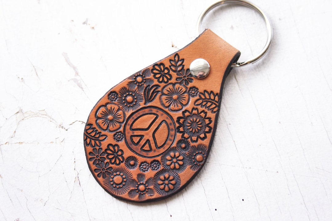 Handmade Leather Keychain: Peace Sign & Wildflower Key Fob - Etsy