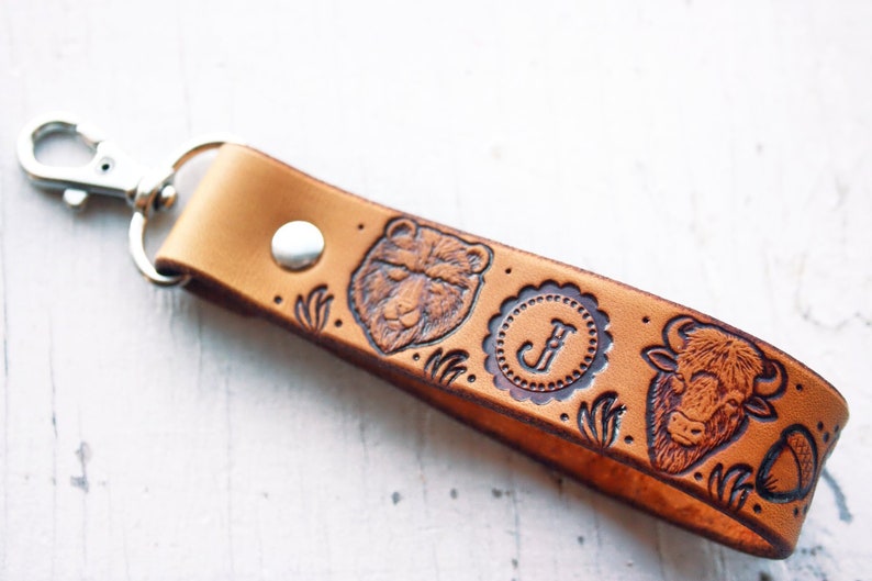 Leather Keychain Where the Wild Things Are Bear, Bison, Wolf and Deer Custom Initials Woodland Mountain Finger Loop Rustic Key Fob image 1