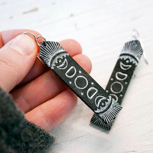 Moon Phases Leather Earrings - Long Tooled Sparkly Silver and Black Leather - Eclipse Mystical Celestial inspired jewelry