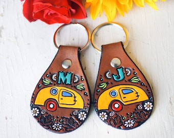 Custom Camper Leather keychain - hand painted and hand stamped - Made to Order - Vistabule travel trailer key fob - keychain gift