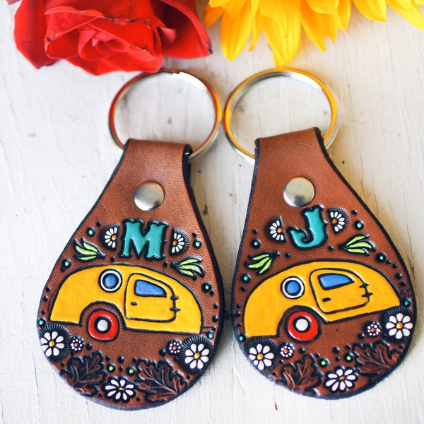 Custom Camper Leather keychain - hand painted and hand stamped - Made to Order - Vistabule travel trailer key fob - keychain gift