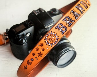 Custom Leather Camera Strap - Celestial pattern - Sun, Moon and Stars - Your choice of colors - Custom text - Made to Order by Mesa Dreams