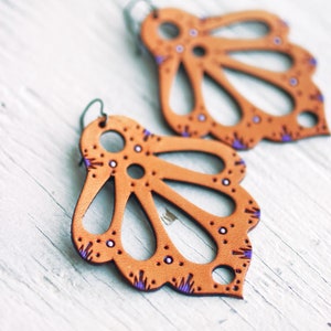 Lacy Art Nouveau Leather Earrings: Purple Accents, Niobium Ear Wires image 3