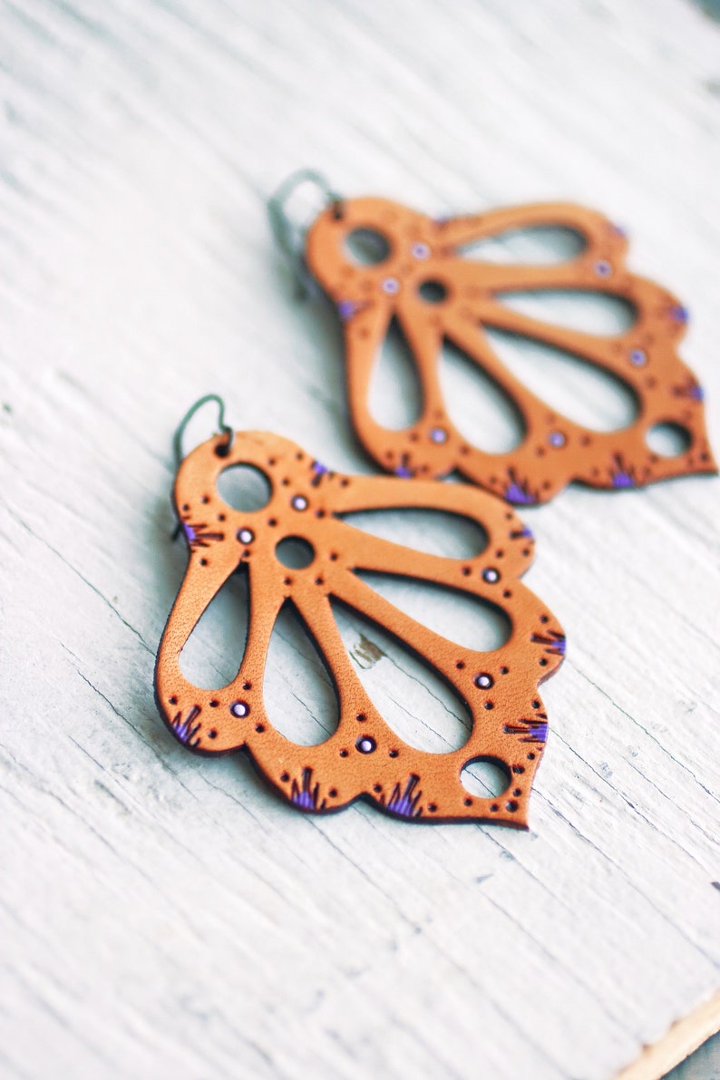 Lacy Art Nouveau Leather Earrings: Purple Accents, Niobium Ear Wires image 3