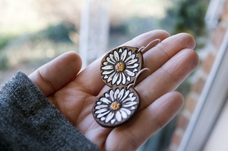 Daisy Leather Earrings Handmade and Hand Painted Mesa Dreams Spring White Yellow Orange Daisies image 1