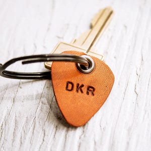 Leather Guitar Pick keychain Personalize with up to 4 characters key ring, luggage tag hand cut perfect for Dad image 1