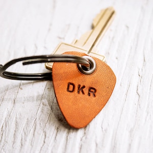 Personalized Leather Guitar Pick Keychain: Hand Cut, Stamped Keyring