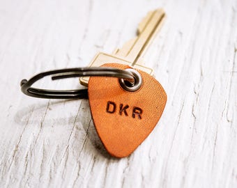 Leather Guitar Pick keychain- Personalize with up to 4 characters - key ring, luggage tag - hand cut - perfect for Dad