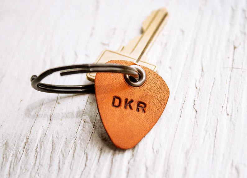 Leather Guitar Pick keychain Personalize with up to 4 characters key ring, luggage tag hand cut perfect for Dad image 1