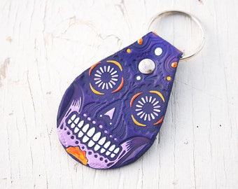 Sugar Skull Keychain - Purple Leather Version - painted hand stamped - Día de los Muertos - Day of the Dead - Mesa Dreams - Made to Order