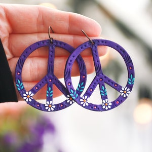 Purple Peace Sign Leather Earrings Hippie Daisy Flower Power Tooled leather by Mesa Dreams image 1