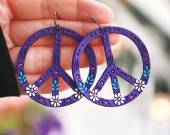 Purple Peace Sign Leather Earrings - Hippie Daisy Flower Power - Tooled leather by Mesa Dreams