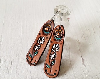 Sunshine Daisy Leather Earrings - Hippie Southwestern inspired handtooled jewelry -Handmade Gift - Made to Order
