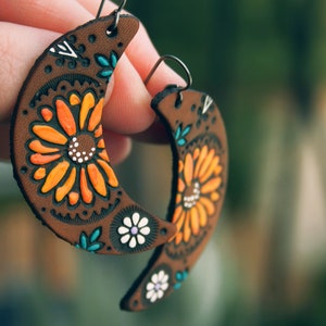 Sunflower and Daisy Crescent Leather Earrings - Autumn Bohemian jewelry - Made to Order - lightweight style