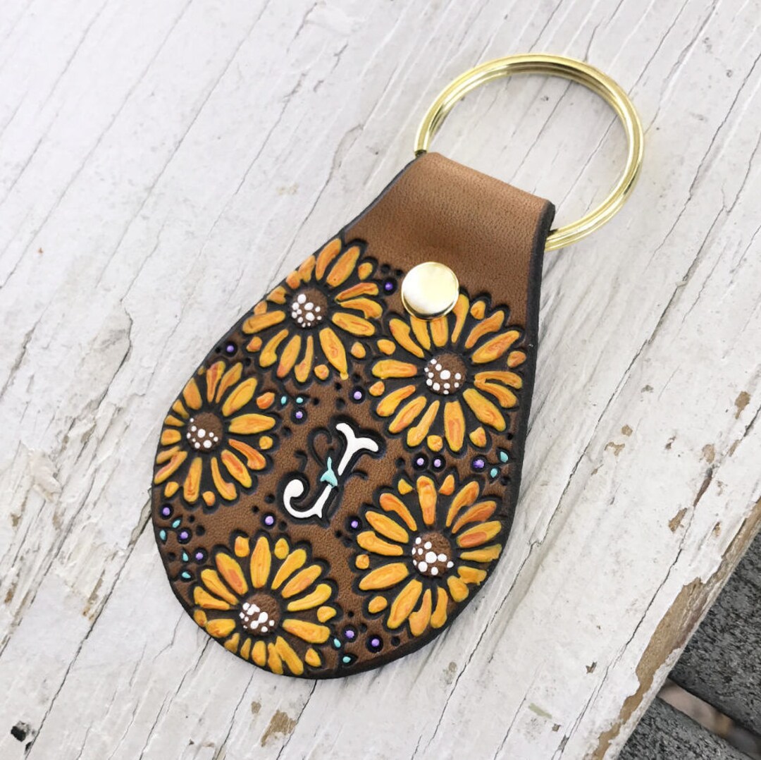 Custom Initial Leather Key Ring - Fall Sunflowers - Hand Painted Autumn ...