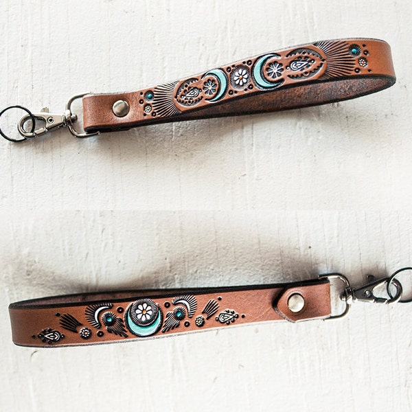 Leather Camera Wrist or Finger Strap Or Key Ring - Moon Flower - Turquoise Crescent and Daisy Celestial - Loop fob - Made to Order Keychain