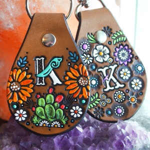 Custom initial leather key fob Floral Pattern Bag tag hand painted and hand stamped Your Choice of Keychain Shape image 8