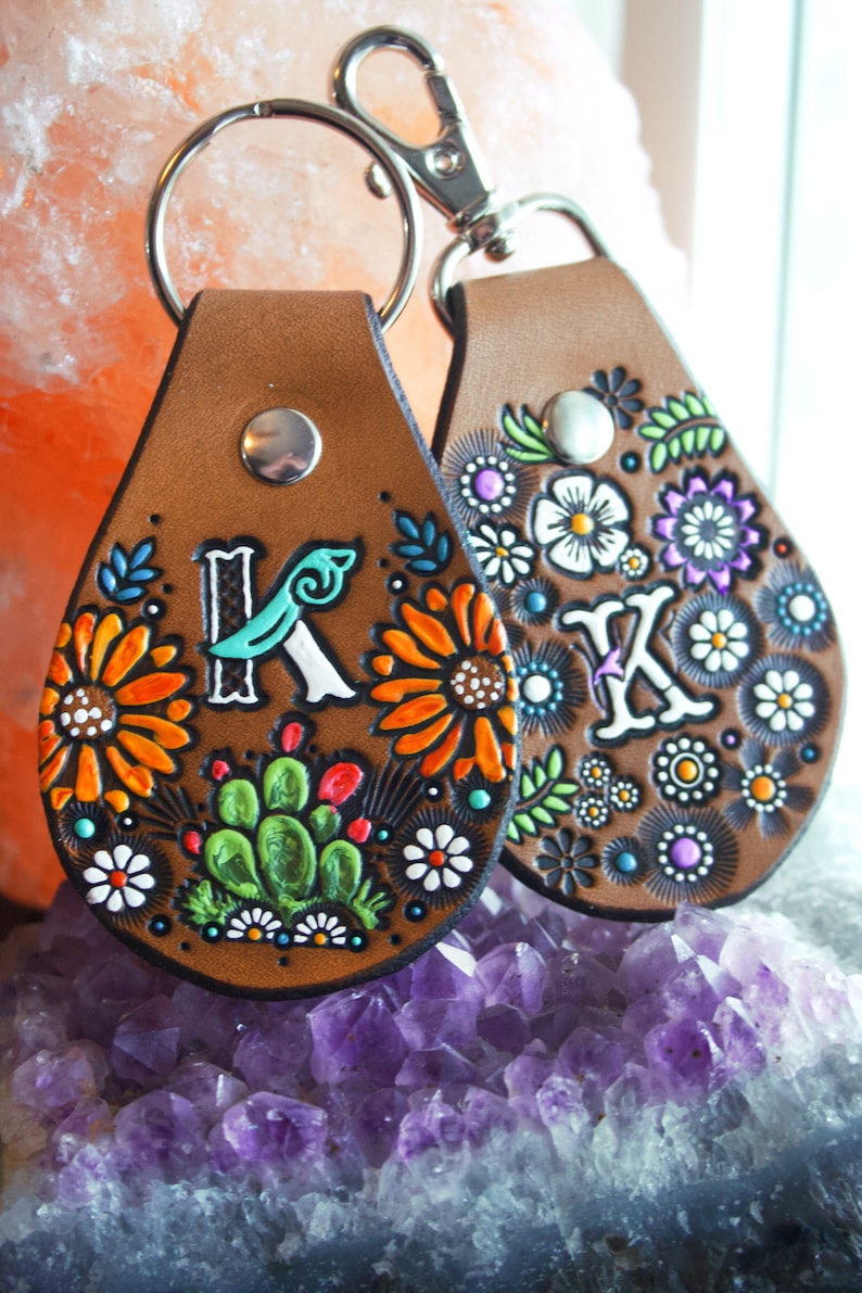 Custom initial leather key fob Floral Pattern Bag tag hand painted and hand stamped Your Choice of Keychain Shape image 8